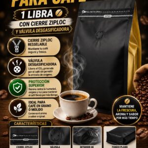 Empaque Bolsa Café 1 libra 13.5*26+7.5cm Negro+Dorado