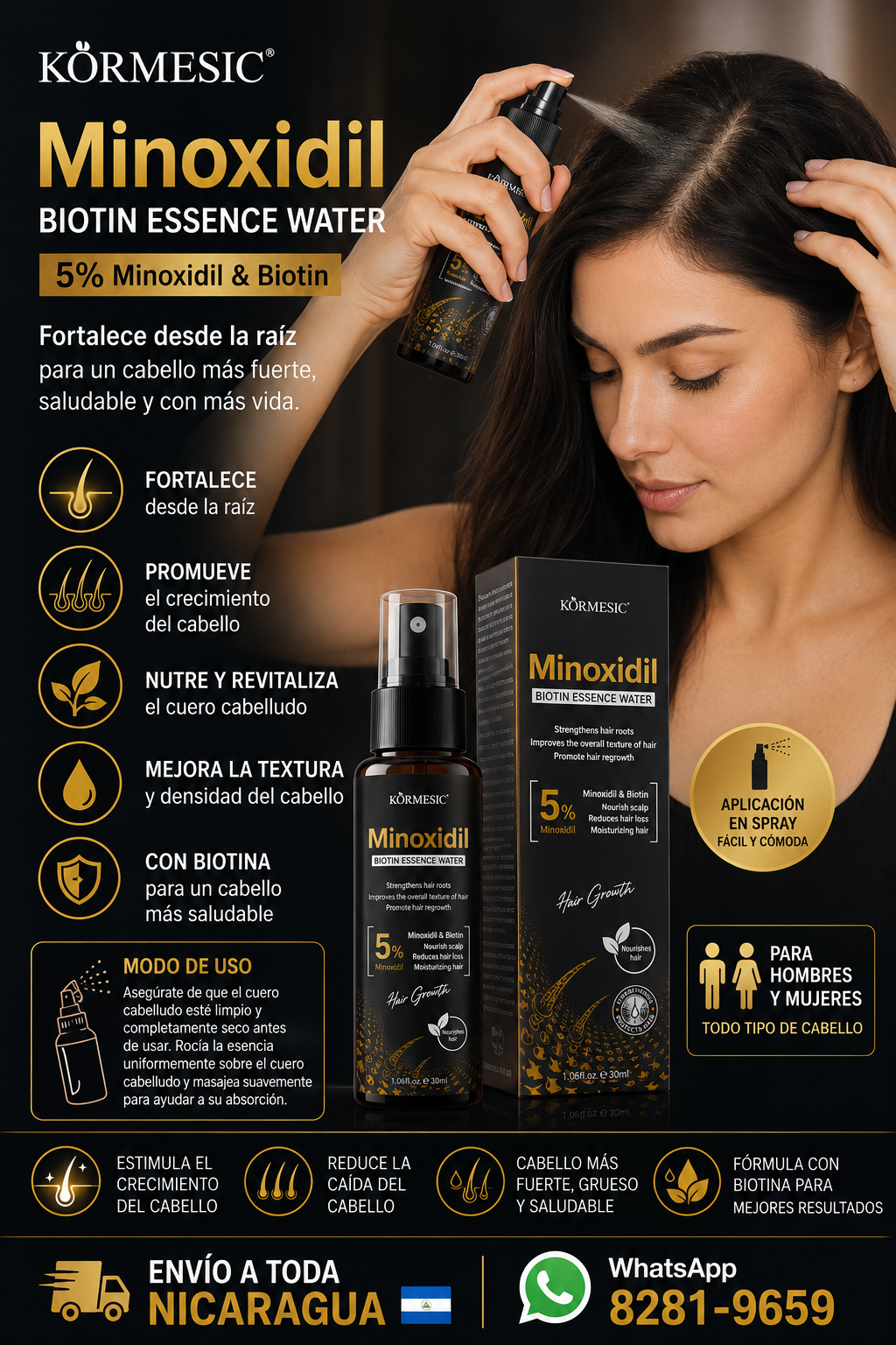 KORMESIC Agua Esencial Revitalizante con 5% Minoxidil y Biotina 30ml