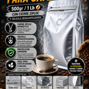 Empaque Bolsa Café 1 libra 13.5*26+7.5cm Plateado