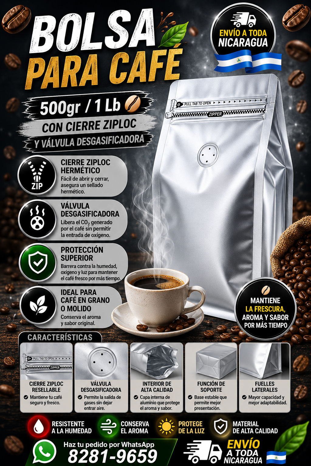 Empaque Bolsa Café 1 libra 13.5*26+7.5cm Plateado