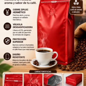 Empaque Bolsa Café 1 libra 13.5*26+7.5cm Rojo