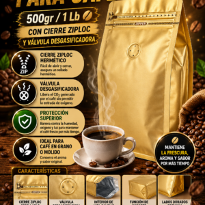 Empaque Bolsa Café 1 libra 13.5*26+7.5cm Dorado