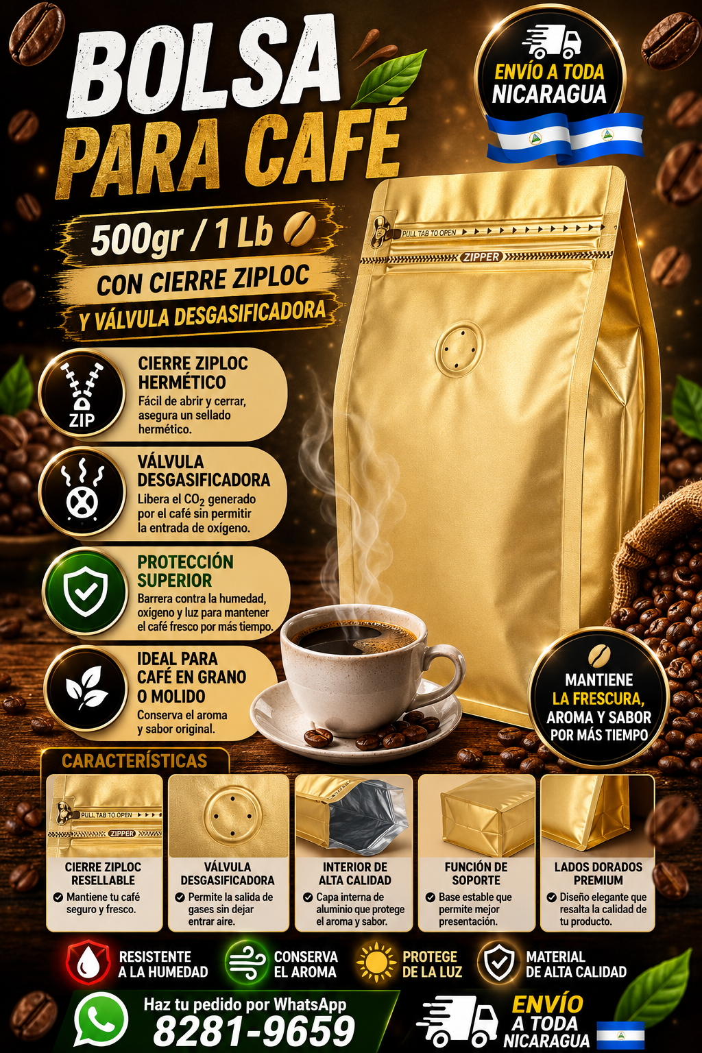 Empaque Bolsa Café 1 libra 13.5*26+7.5cm Dorado