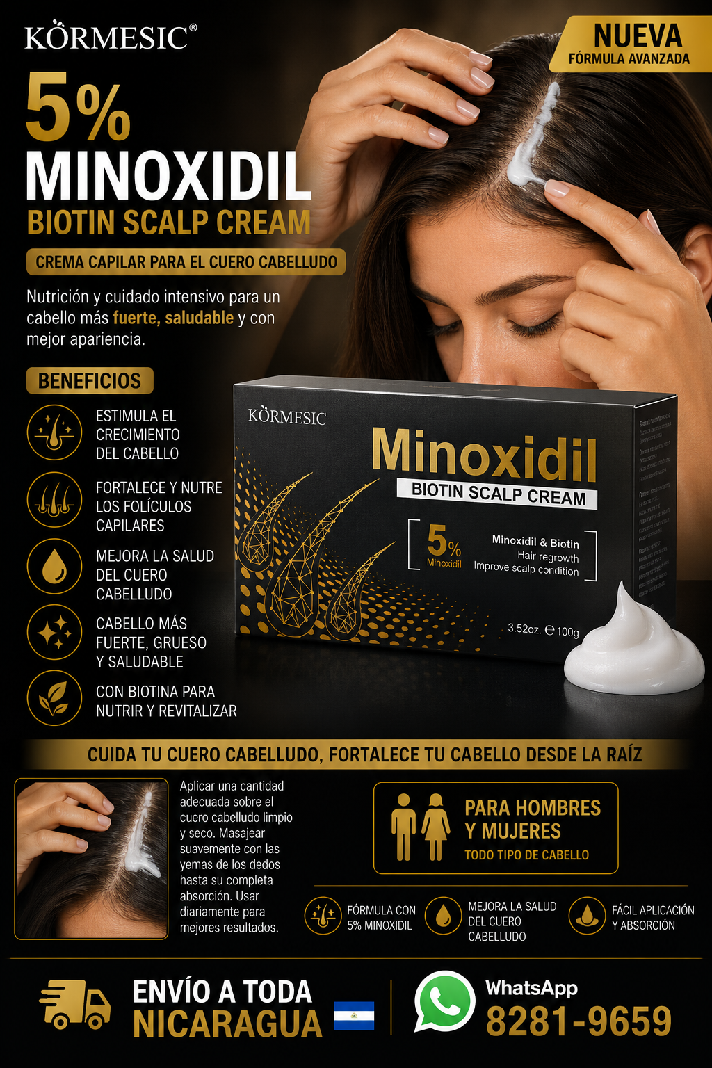 KORMESIC Crema de Masaje para el cuero cabelludo con 5% de minoxidil y biotina 100g
